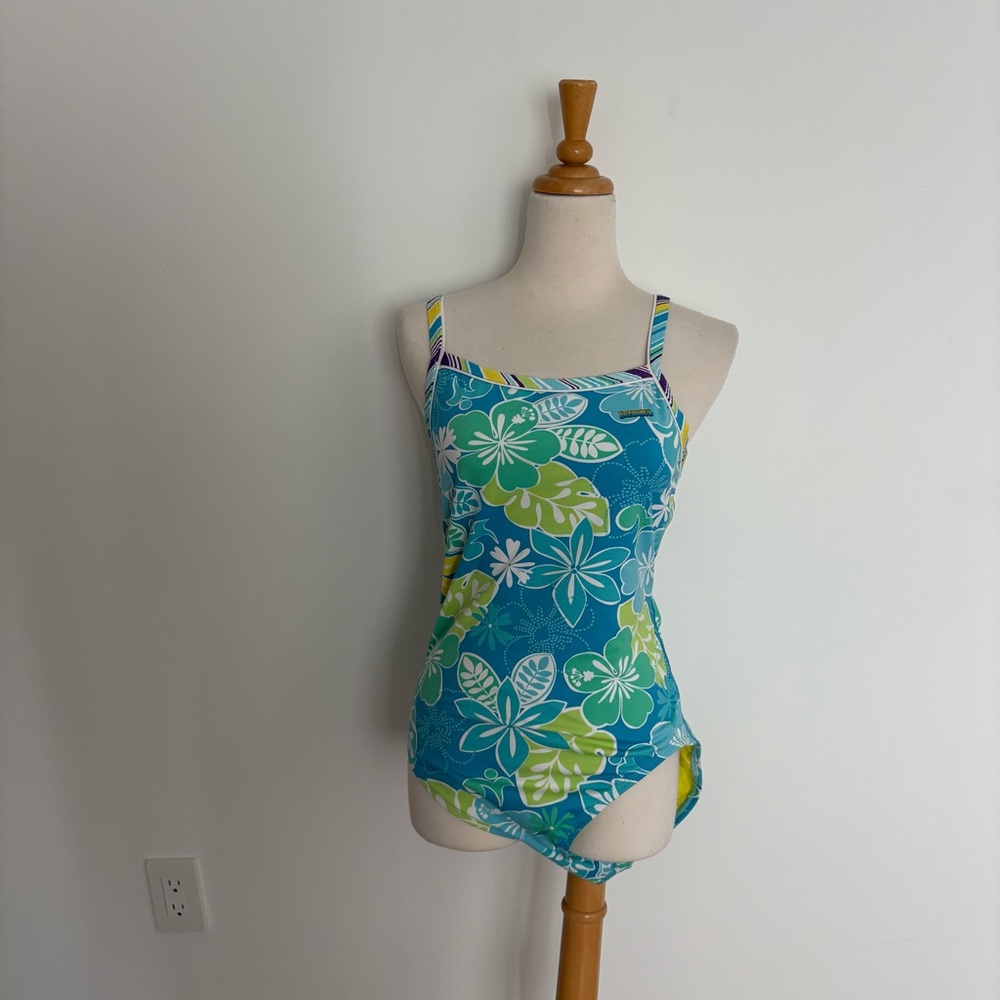 Funkies Girls Youth Swimsuit One Piece Size XL Blue Green White Swim Pool Beach